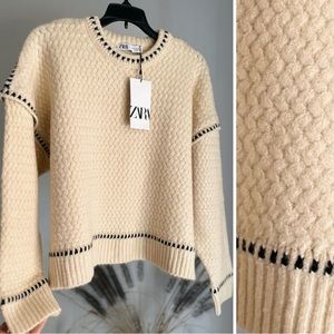 Zara Contrast Topstitch Holiday Sweater